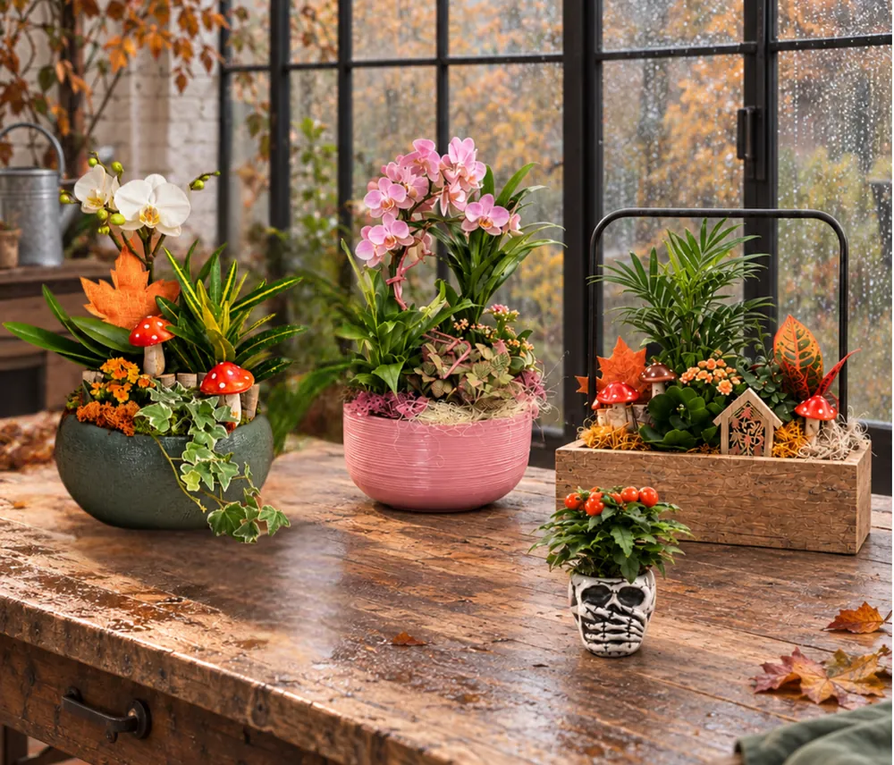 Compositions de plantes d’automne mises en scène sur une table en bois devant une verrière